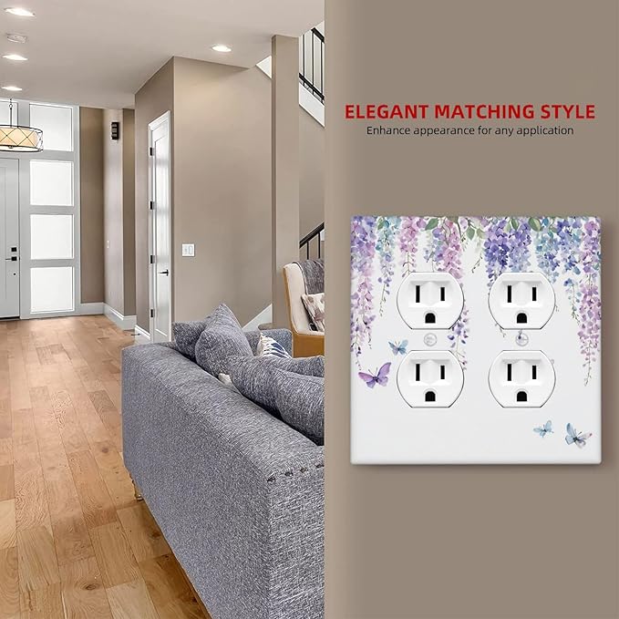 Outlet Covers Purple Flowers Watercolor Floral Butterflies 2 Gang Double Duplex Decorative Light Switch Covers Electrical Wallplates Socket Faceplate For Bed Room Living Room Decor