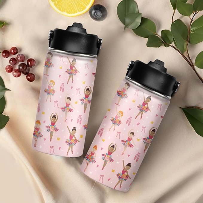 Kids Water Bottle Ballet Water Bottles 12oz with Straw Insulated Stainless Steel Travel School Tumbler Double Wall Vacuum Cup for Girls Kid