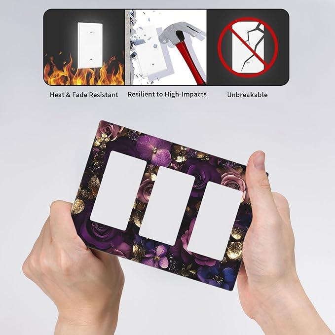 Decorative Light Switch Plate with Luxurious Purple Roses Gold Accents Leaves Design 3 Gang Outlet Covers Triple Rocker Wall Plate Switch Plate Cover for Romantic Bedroom/Living Room Decor
