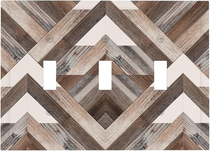 Polygon Collage Abstract Shapes Rustic Wood Panel Print Decorative Switch Plates 3 Gang Wall Plate Triple Toggle Light Switch Cover Faceplate Electrical Wall Panels for Farmhouse Bedroom Decor