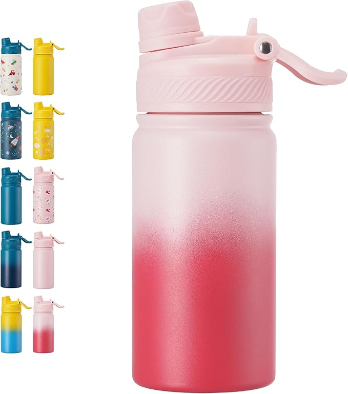 12 oz Kids Water Bottle, 2-in-1 Stainless Steel Vacuum Insulated Water Bottle for Toddler, Leak Proof Spout & Straw, Double Wall Thermal Flask for Boys&Girls, School, Outdoor, Travel (Gradient Red)
