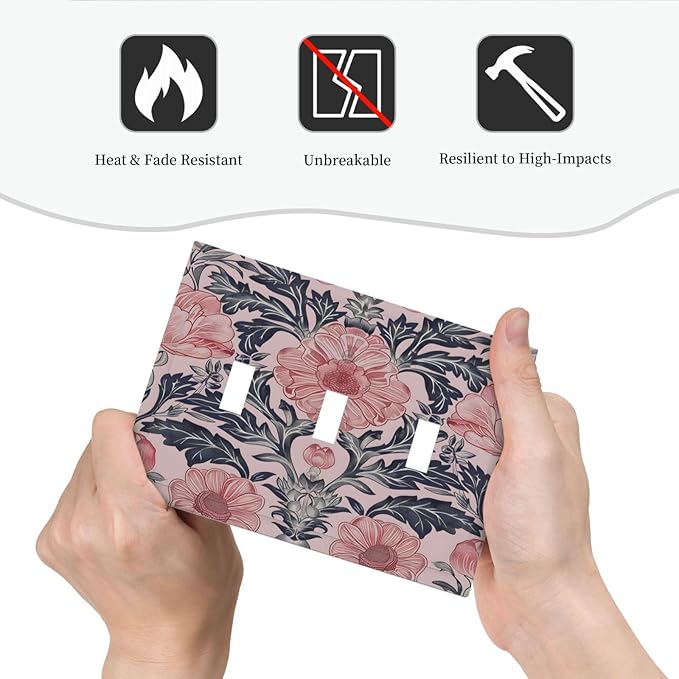 Pink Floral Vintage Botanical Boho Flower Decorative Switch Plates 3 Gang Wall Plate Triple Toggle Light Switch Cover Faceplate Electrical Wall Panels for Farmhouse Home Decor