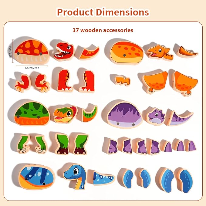 INIFEIDALA Magnetic Wooden Dinosaur Building Blocks, Take Apart STEM Montessori Educational Toy, Fine Motor Skills Development Ages 3-6