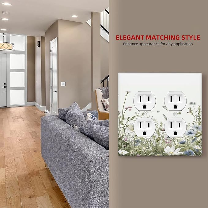 Colorful Wildflowers Daisy Plant Butterfly Floral Outlet Covers 2 Gang Double Duplex Decorative Light Switch Covers Electrical Wallplates Socket Faceplate for Bed Room Living Room Decor