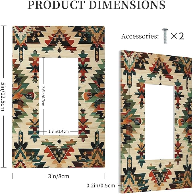 Decorative Outlet Covers Southwest Rustic American Indian Aztec Boho 1 Gang Single Rocker Light Switch Cover Plate Wall Plates GFCI Faceplate for Bed Room living Room Decor