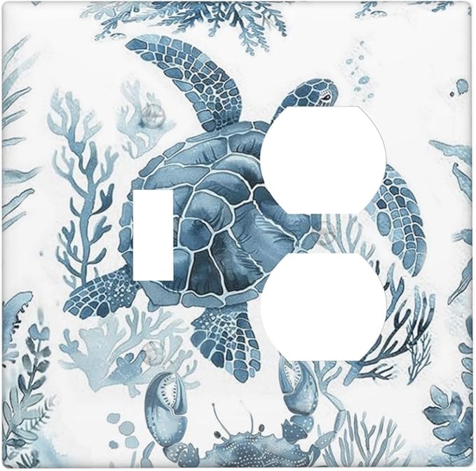 Blue Sea Turtle Coastal Coral Beach Crab Seaweed Wallplates 1 Toggle 1 Duplex Switch Plate Electrical GFCI Faceplate Decorative Light Switch Covers for Kids Room Bathroom Decor