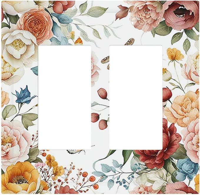 Rustic Style Colorful Peony Butterfly Dragonfly Decorative Outlet Covers 2 Gang Double Gfci Rocker Electrical Wall Panels Light Switch Cover Plate for Bedroom Living Room Decor