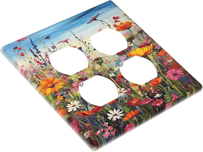 Colorful Wildflowers Painting Floral Flower Outlet Covers 2 Gang Double Duplex Decorative Light Switch Covers Electrical Wallplates Socket Faceplate for Bedroom Living Room Decor