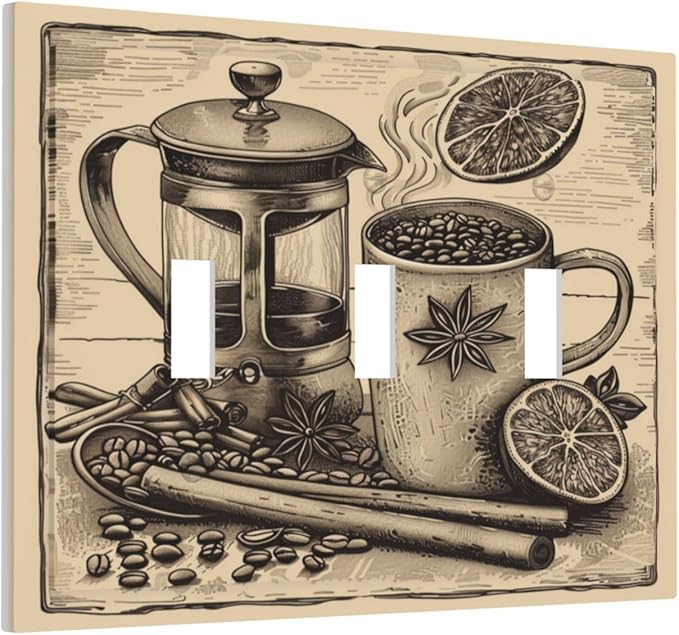 Light Switch Cover Plate Beige Vintage Rustic Coffee Beans Spice 3 Gang Triple Toggle Decorative Switch Plates Wall Plates Electrical Switchplate Faceplate for Kitchen Coffee Bar Decor