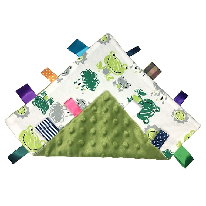 Baby Tags Soft Plush Snuggle Small Security Blanket with Colorful Tags Comfort Appease Towel Taggy Lovey Frog Minky Dot Blanket - 9 x 9 inches - Green