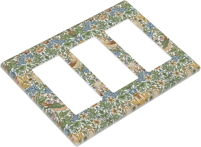 William Morris Strawberry Thrush Birdsl Triple Rocker Light Switch Cover Vintage Floral Flowers Plant 3 Gang Rocker Outlet Covers Decorative Electrical Wall Plate for Bedroom Living Room Décor