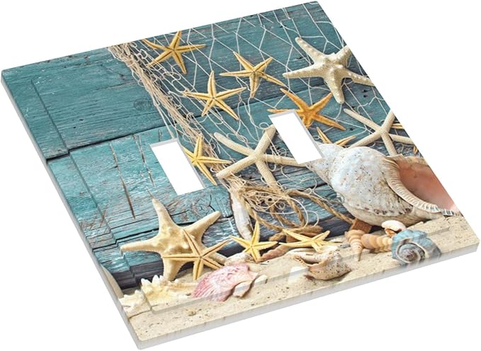Rustic Coastal Seashell Double Toggle Switch Cover - 2-Gang Standard US Size Fisherman's Catch Beach Scene Light Switch Covers for Bathroom Decor