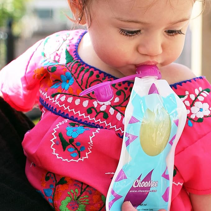 ChooMee Reusable Baby Food Pouches | BPA Free | Refillable Toddler Squeeze Pouches for Homemade Purees, Applesauce & Yogurt | Double Zipper, Easy Fill & Wide Bottom | 8CT, 5oz SnakPack FreshSquad