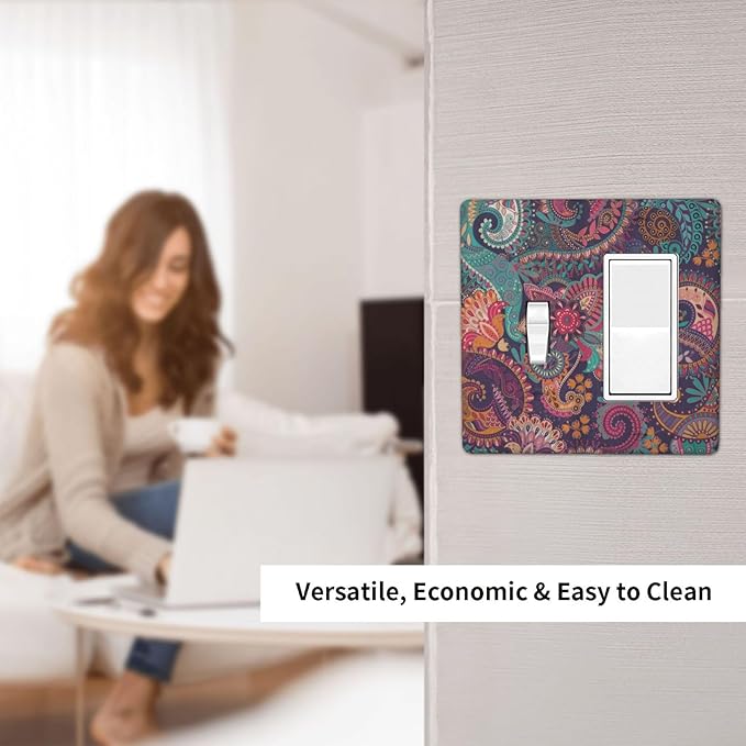 Mandala Boho Paisley Purple Floral Colorful Flower Outlet Covers 1 Toggle 1 Rocker Combination Decorative Wall Plate Electrical Switch Plates Light Switch Cover Plate for Home Bedroom Decor