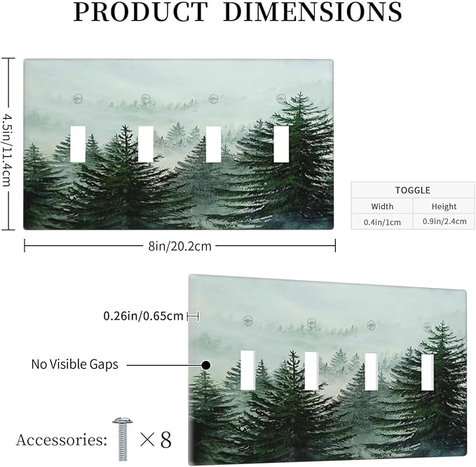 Forest Pinetrees Misty Landscape Nature Light Switch Covers Quad Toggle 4 Gang Wall Plate Decorative Switch Plates Electrical Faceplate for Bedroom Farmhouse Decor