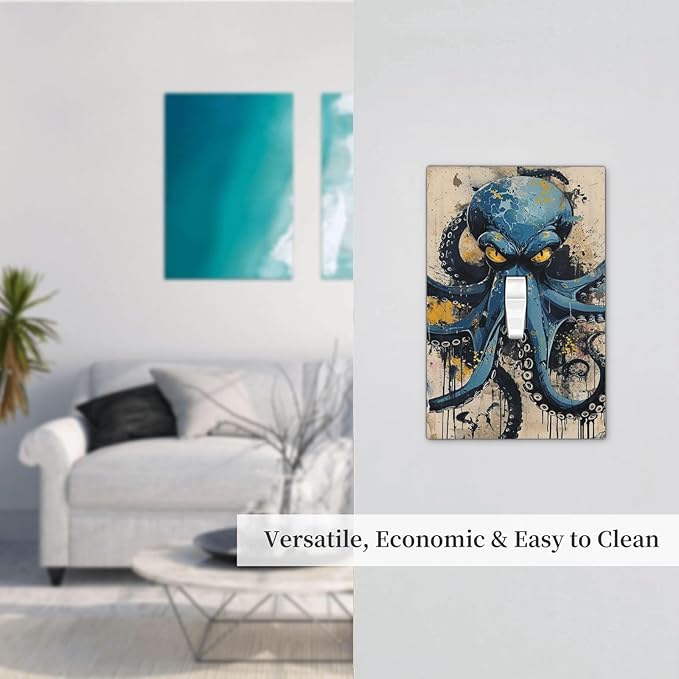 Decorative Light Switch Cover Nautical Vintage Blue Octopus Yellow Eyes Oil Watercolor 1 Gang Single Toggle Device Electrical Faceplate Switchplates Decorator Outlet Wall Plate for Kids room
