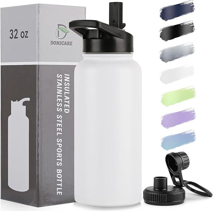 DOMICARE 32 oz Insulated Water Bottle, Vacuum Insulated Stainless Steel Sports Water Bottle with Straw Lid & Spout Lid, Leakproof, Reusable - Travel, Camping, Bike, White