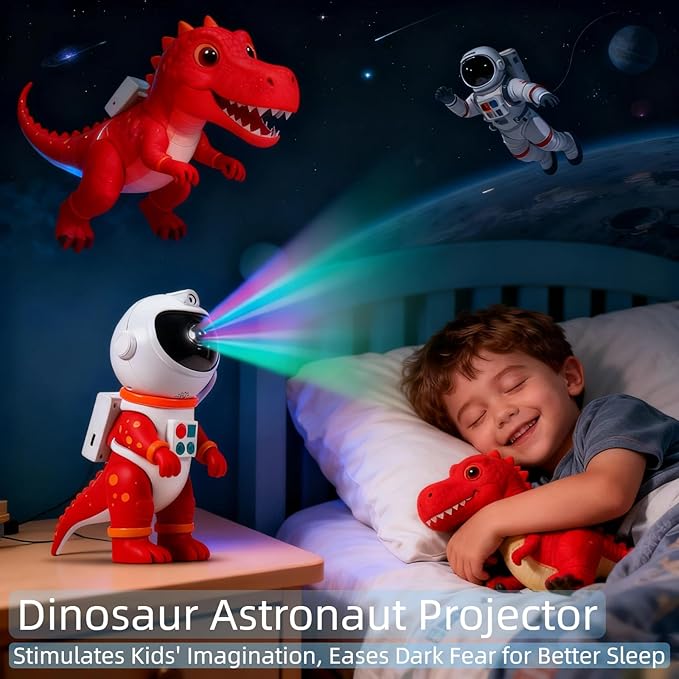 Galaxy Star Projection Night Light, Dinosaur Astronaut Space Projector with Timer, Remote Control, 8 Lighting Modes, Green Nebula Effects for Kids Room Ceiling Decor(Red)