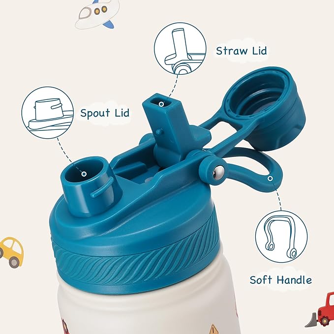 Fijinhom 12 oz Kids Water Bottle, 2-in-1 Stainless Steel Vacuum Insulated Water Bottle for Toddler, Leak Proof Spout & Straw, Double Wall Thermal Flask for Boys&Girls, School, Outdoor, Travel (Car)