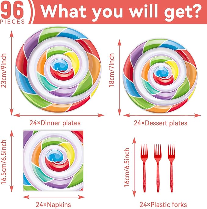 96pcs Candy World Party Supplies for 24 Guests Sweet Candy Tableware Set Lollipop Plates Napkins Dinnerware Table Decorations for Birthday Pink Donut Party Favors