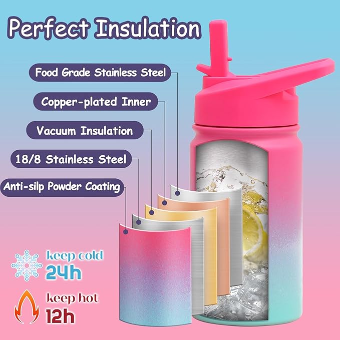 mininoo Insulated Kids Water Bottle for School, 12 oz Stainless Steel with Straw Lid and Chug Lid for Girls, Boys (Punch/Green)