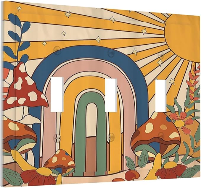 Decorative Switch Plates Mushroom Hippie Sun Rainbow Vintage Floral Funky Boho 3 Gang Wall Plate Faceplate Triple Toggle Light Switch Cover Electrical Wall Panels for Bedroom Kids room