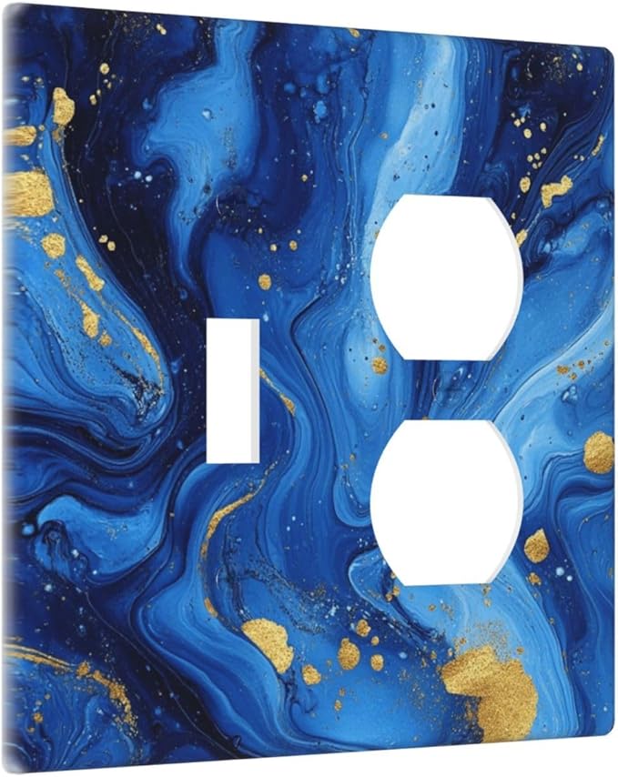 Light Switch Cover Plate Navy Blue Gold Marble Abstract Luxury 2 Gang Outlet Covers 1 Toggle 1 Duplex Socket Cover Wallplates Electrical Switch Plate Covers for Bathroom Home Decor