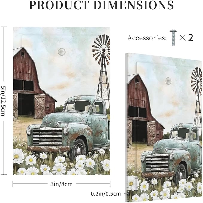 Retro Trucks Old Barn Windmill Teal Car Rustic Light Switch Cover Plate 1 Gang No Device Blank Electrical Wall Plates Faceplate Decorative Switch Plate for Farmhouse Home Decor