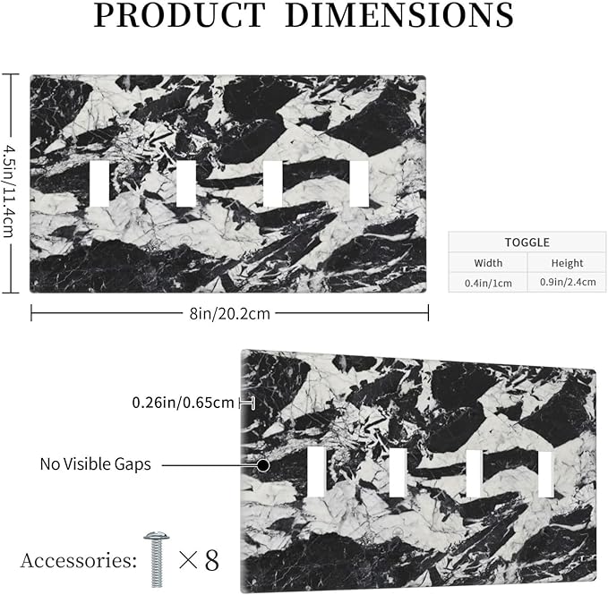 Black White Marble Abstract Luxury Light Switch Covers Quad Toggle Electrical Faceplate 4 Gang Wall Plate Decorative Switch Plates for Bathroom Kitchen Decor