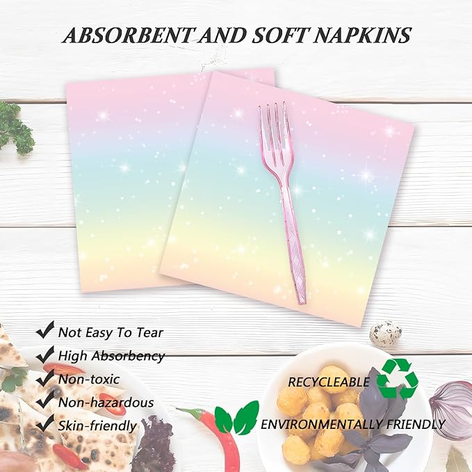 72 Pcs Pastel Rainbow Paper Plates 7in Disposable Birthday Dessert Plates Napkins and Forks Party Tableware Set Decoration Supplies for Girls Birthday Baby Shower Wedding Graduation Party, Serve 24