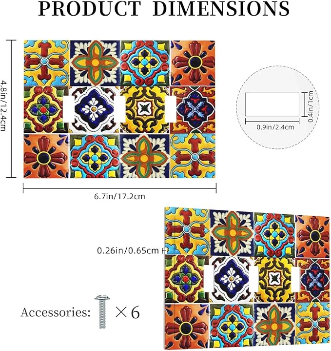 Colorful Boho Mexican Moroccan Tile Decorative Triple Toggle Outlet Light Switch Cover Vintage Kitchen Bohemian Mexico Tiles Jungle 3 Gang Wall Plate Electrical Faceplate Three Device Switchplate