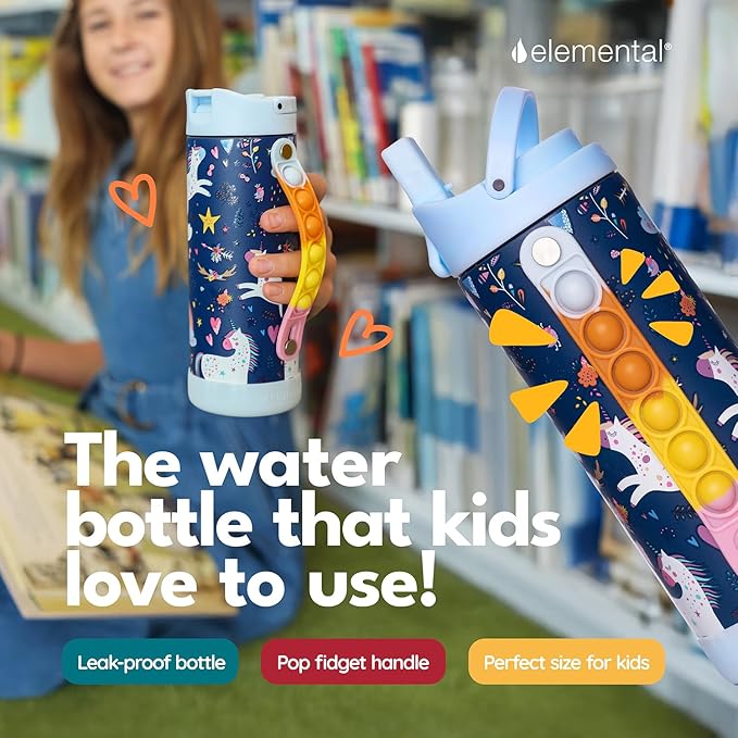 Elemental Iconic Kids Water Bottle for School - 100% Leak-Proof Insulated Water Bottles with Straw Lid & Pop-It Handle for Boys & Girls - Triple-Wall Insulated & BPA-Free, 14oz – Unicorn