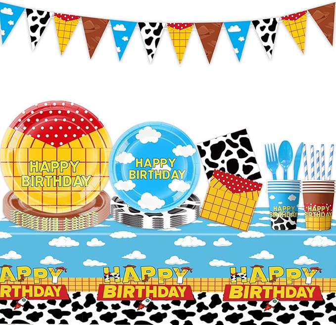Cartoon Toy Birthday Party Supplies,Blue Sky and White Clouds Pattern With Cow Print Design,Cartoon Story Tableware Party Decoration