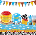 Cartoon Toy Birthday Party Supplies,Blue Sky and White Clouds Pattern With Cow Print Design,Cartoon Story Tableware Party Decoration