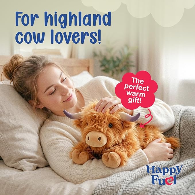 Highland Cow Microwavable Stuffed Animal – 1.5 lb Unscented Heating Pad Plush, Soft Cozy Cute Cow Toy for Relaxation and Comfort, Gift for Women, Girls, Adults & Kids by Happy Fuel