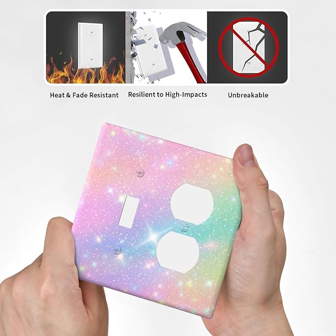 Decorative Light Switch Cover Plate Rainbow Shiny Gradient Colors 2 Gang Outlet Covers 1 Toggle 1 Duplex Wall Plate Decorate Electrical Switch Plate Covers for Kids Room Nursery Decor