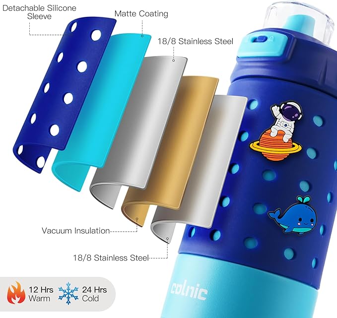 Kids Water Bottle for School 12 oz,Kids Vacuum Insulated Stainless Steel Water Bottles,Toddler Boy Water Bottle for School with Leak Proof Locking Lid(Ocean Blue)