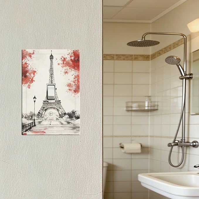 Parisian Watercolor Eiffel Tower 1-Gang Toggle Light Switch Plate, Paris Cherry Blossoms Romantic Vintage French Watercolor Decorative Wall Plate for Bedroom Decor