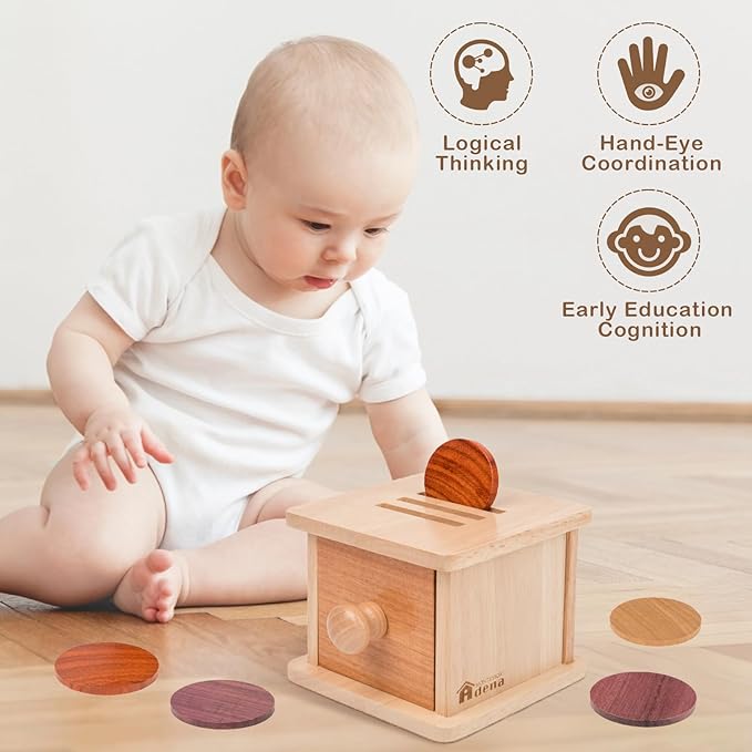 Adena Montessori Coin Box -Natural Wood Double-Sided Object Permanence Box Toy for 1-Year-Old Babies, Wooden Montessori Developmental Toy for 6-12 Month, Early Learning Gift