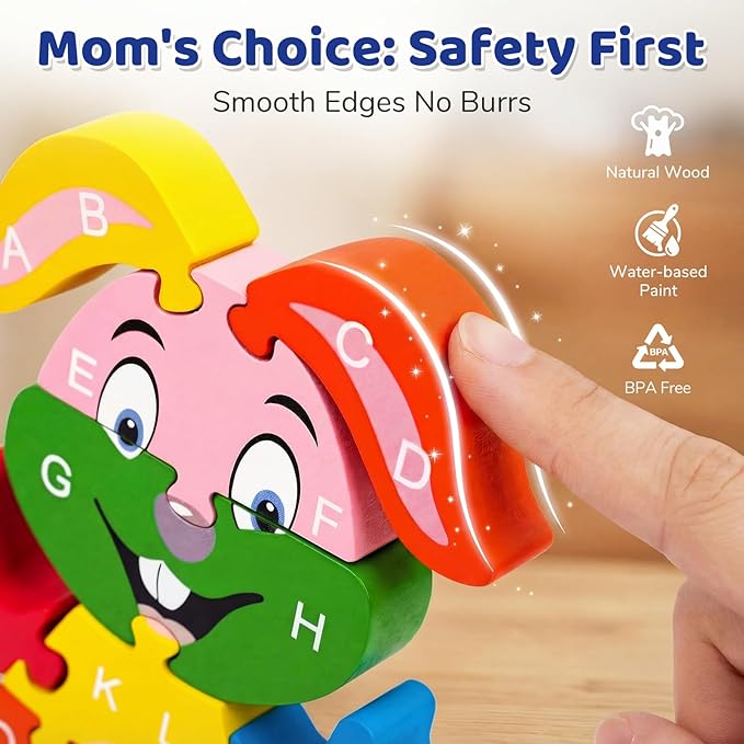 LovesTown Wooden Puzzles for Kids, Double Sided Rabbit Jigsaw with Alphabet & Numbers, Montessori Educational Toy for Toddlers, Chunky Animal Gift