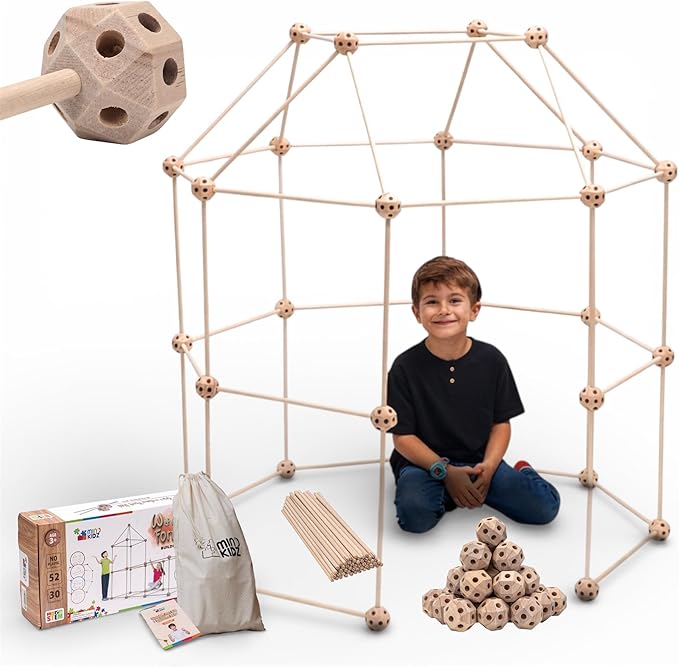 MIND KIDZ Wooden Fort Building Kit for Kids - STEM Montessori construction toy - 52 rods & 30 spheres, Eco-friendly play set for boys & girls