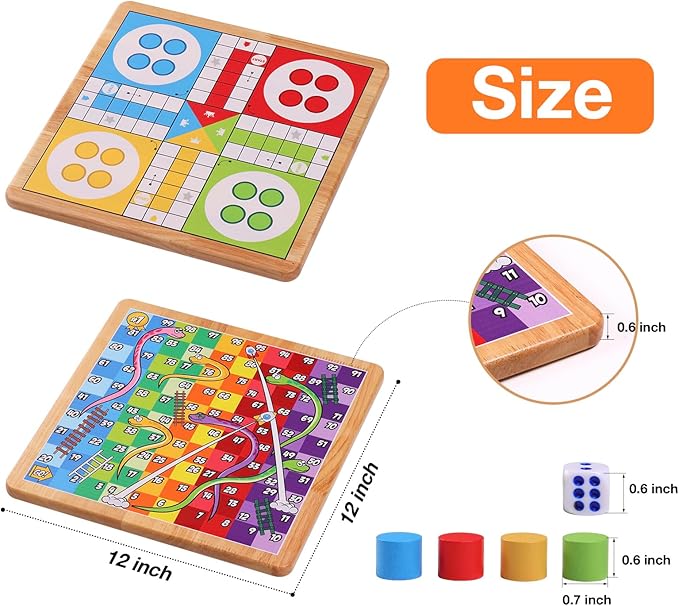 Crobyi 12 Inches Ludo Board Game + Snakes&Ladders, 2 in 1, Classic Board Game for Adults and Kids, Including 1 Game Board, 2 Dice, 16 Game Pieces, Rules and Carrying Bag.