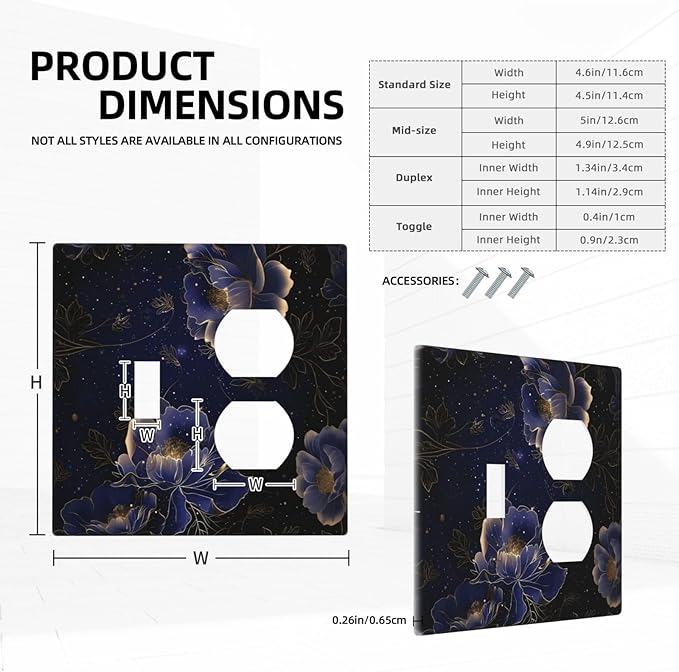 Navy Blue Floral Vintage Flower Dark Watercolor Wallplates 1 Toggle 1 Duplex Switch Plate Electrical GFCI Faceplate Decorative Light Switch Covers for Bedroom Living Room Decor