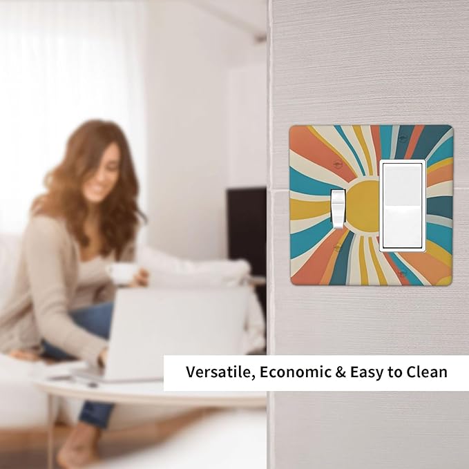 Decorative Toggle Switch Cover Plate with Retro Mid-Century Modern Sunburst Motif Design 2-Gang 1-Gang Standard Wall Plate Light Switch Cover for Abstract Teal/Yellow/Orange Wall Decor