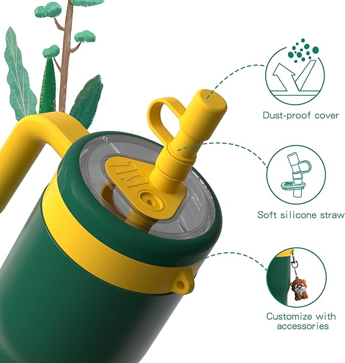 OISIZ 14oz Kids Tumbler with Straw Lid & Handle,Kids Cup with Animal Accessory for School,Kids Water Bottles with Dust-proof Cover,Leakproof Water Bottles,316 Stainless Steel,Keep Cold 24 Hours-green