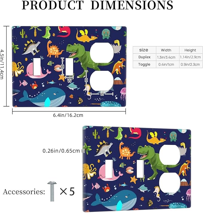 Cute Ocean Dolphin Marine Animal Kids 3-Gang 2-Toggle 1-Duplex Device Combination Wall Plate Funny Blue Dinosaur Decorative Combo Double Toggle/Single Duplex Receptacle Outlet Light Switch Cover Plate