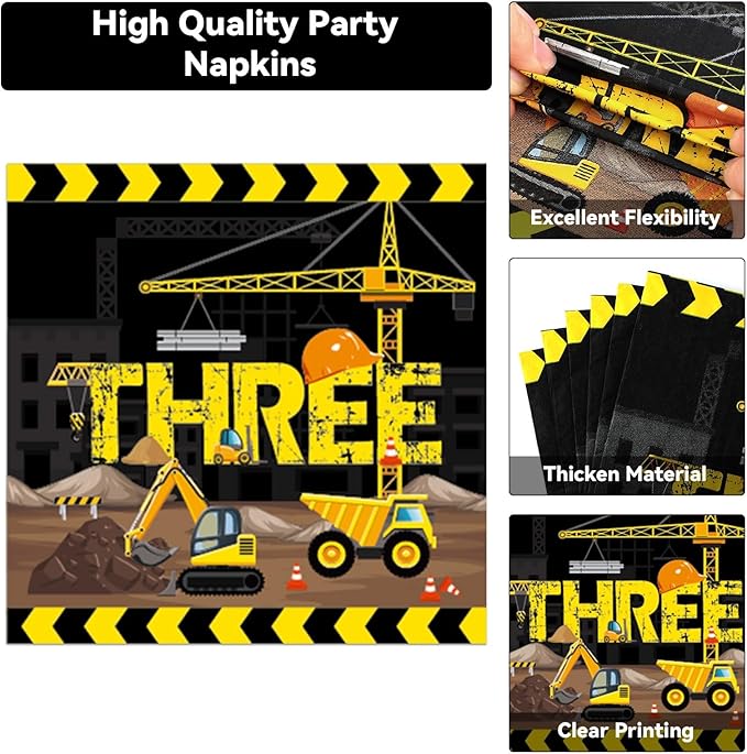 100 Pcs Construction Plates and Napkins Set 3rd Birthday Party Decorations Dump Truck Themed Party Favors for 25 People