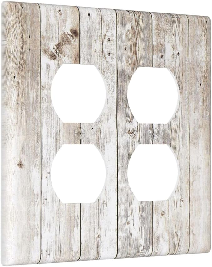 Vintage Light Wood Retro Rustic White Gray Oak Print Outlet Covers 2 Gang Double Duplex Decorative Light Switch Covers Electrical Wallplates Socket Faceplate for Farmhouse Home Decor