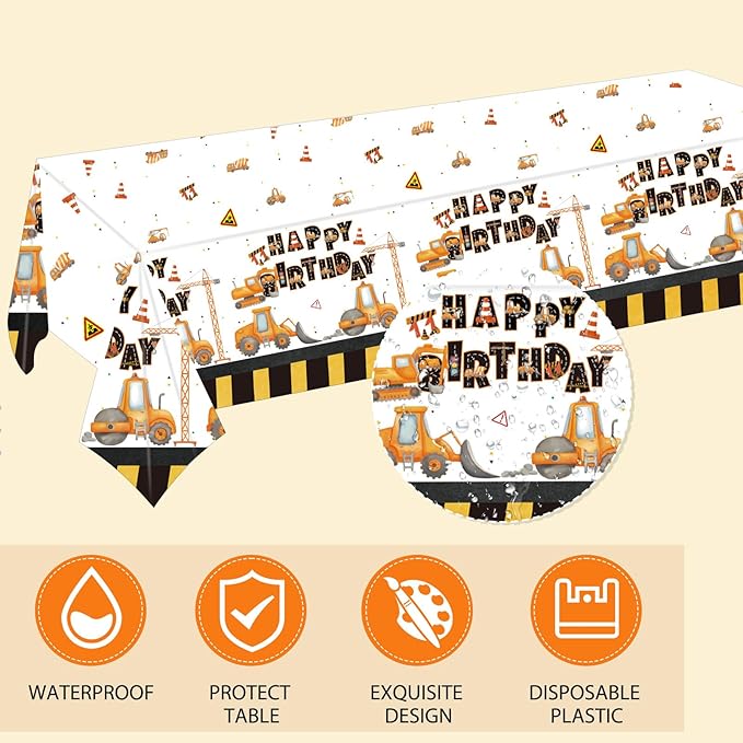 Construction Birthday Party Supplies Construction Excavator Tractor Dump Digger Theme Tableware Include Paper Plates Napkins Tablecloth, for Toddler, Kids, Boys Birthday Party Decorations, Serves 20