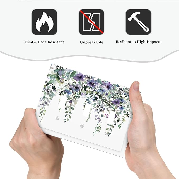 Light Switch Cover Plate Blue Purple Eucalyptus Leaves Boho Botanical 3 Gang Triple Toggle Decorative Switch Plates Wall Plates Electrical Switchplate Faceplate for Bathroom Home Decor